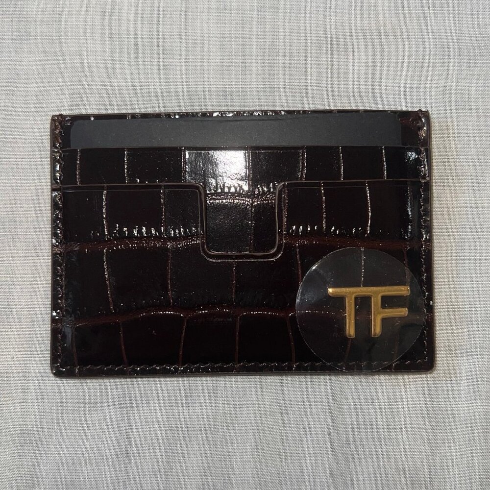 (NEW) TOM FORD Womens Mens Brown Croc-Embossed Card Holder Wallet